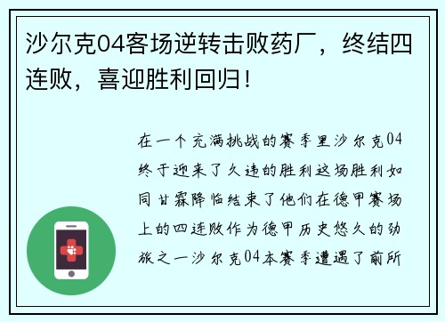 沙尔克04客场逆转击败药厂，终结四连败，喜迎胜利回归！